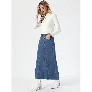 Casual Denim Maxi Skirt for Womens High Waisted Flared Panel Long Jean Skirts