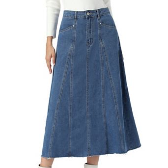 Casual Denim Maxi Skirt for Womens High Waisted Flared Panel Long Jean Skirts