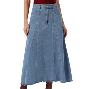 Casual Denim Maxi Skirt for Womens High Waisted Flared Panel Long Jean Skirts