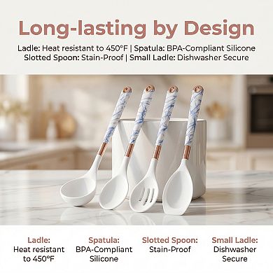 4 Pcs Silicone Utensil Set Non Stick Safe Heat Resistant Includes Ladles Slotted Spoon and Spoonula