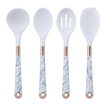 4 pc Silicone Utensil Set Non Stick Safe Heat Resistant Includes Ladles Slotted Spoon and Spoonula