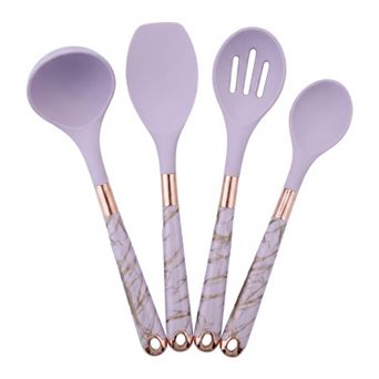 4 pc Silicone Utensil Set Non Stick Safe Heat Resistant Includes Ladles Slotted Spoon and Spoonula