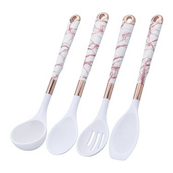 4 pc Silicone Utensil Set Non Stick Safe Heat Resistant Includes Ladles Slotted Spoon and Spoonula