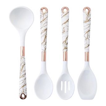 4 pc Silicone Utensil Set Non Stick Safe Heat Resistant Includes Ladles Slotted Spoon and Spoonula