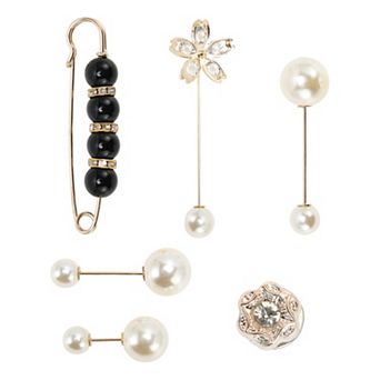 6 pc Faux Pearl Design Brooch Pin for Dressing Up Outfits 4 Mixed Colors