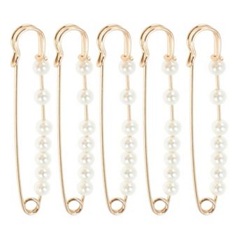 2.76"x0.55" 5 pc Pearl Pins for Various Fabrics Gold Tone NO SIZE