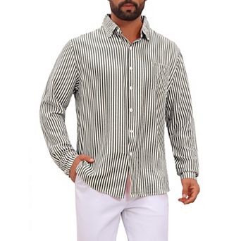 Men's Casual Long Sleeve Breathable Seersucker Striped Shirt with Chest Pocket