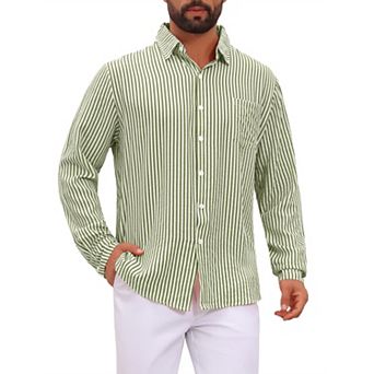 Men's Casual Long Sleeve Breathable Seersucker Striped Shirt with Chest Pocket