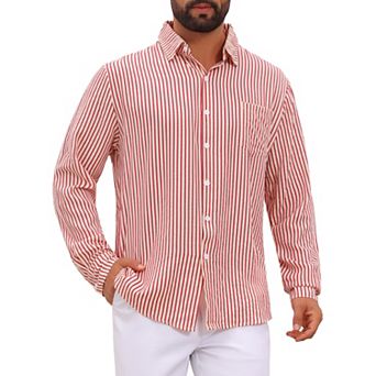 Men's Casual Long Sleeve Breathable Seersucker Striped Shirt with Chest Pocket
