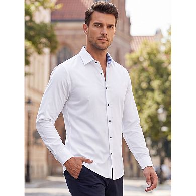 Men's Business Contrast Collar Solid Long Sleeve Office Stretch Dress Shirt