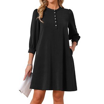Women's 3/4 Puffy Sleeve Mini Dress Button Crewneck Elegant Casual Business Shift Dresses