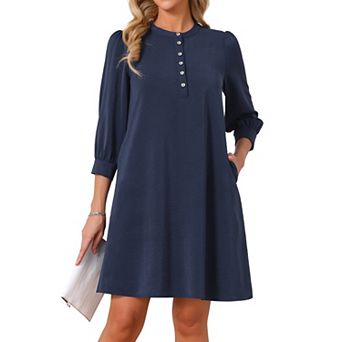 Women's 3/4 Puffy Sleeve Mini Dress Button Crewneck Elegant Casual Business Shift Dresses