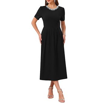 Women's Evening Cocktail Dress Beaded Crewneck Short Sleeve A-Line Formal Dress with Pockets