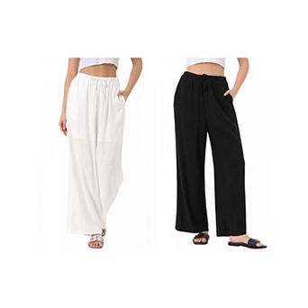 2 Packs Women's Linen Summer Palazzo Pants Flowy Wide Leg Beach Trousers with Pockets