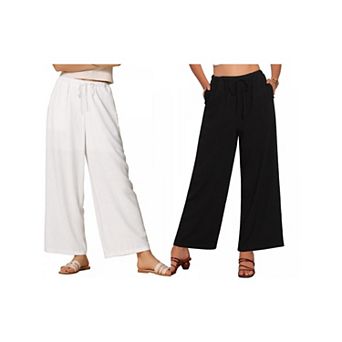 2 Packs Women's Linen Pants High Waist Drawstring Loose Fit Lightweight Long Palazzo Gauze Pants