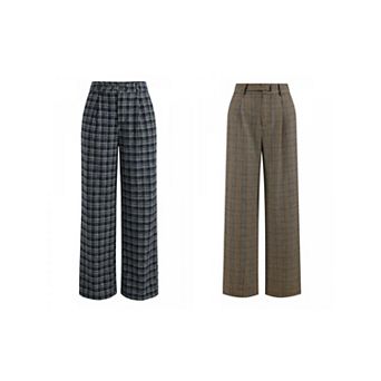 2 Packs Women's Plaid Work Pant Vintage Houndstooth Wide Leg Straight Long Trousers