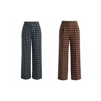 2 Packs Women's Plaid Work Pant Vintage Houndstooth Wide Leg Straight Long Trousers