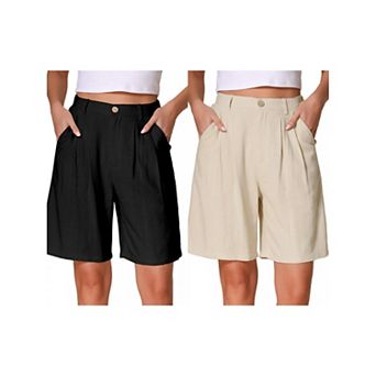 2 Packs Women's Bermuda Shorts High Waisted Linen Wide Leg Elastic Waist Dressy Casual Summer Shorts
