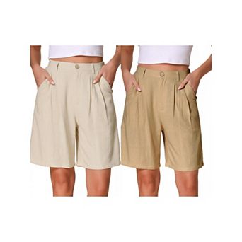 2 Packs Women's Bermuda Shorts High Waisted Linen Wide Leg Elastic Waist Dressy Casual Summer Shorts