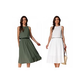 2 Packs Women's Summer Skirt Set 2 pc Outfits Casual Cotton Sleeveless Tank Top Midi Skirt