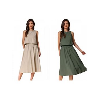 2 Packs Women's Summer Skirt Set 2 pc Outfits Casual Cotton Sleeveless Tank Top Midi Skirt