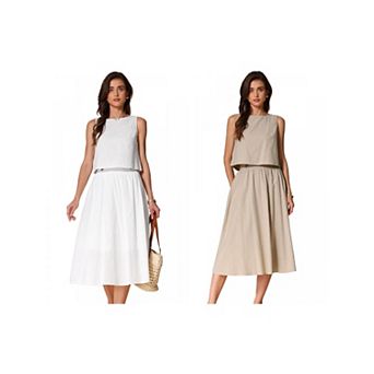 2 Packs Women's Summer Skirt Set 2 pc Outfits Casual Cotton Sleeveless Tank Top Midi Skirt