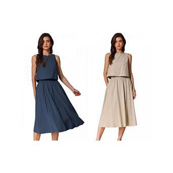 2 Packs Women's Summer Skirt Set 2 pc Outfits Casual Cotton Sleeveless Tank Top Midi Skirt
