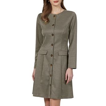 Women's Houndstooth Plaid Dress Long Sleeve Vintage Trendy Button Down A-Line Dresses