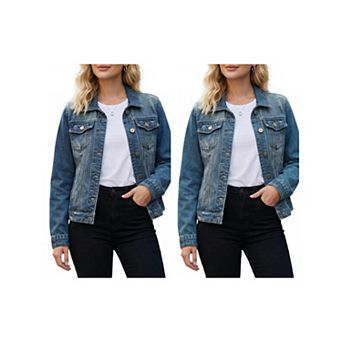 2 Packs Women's Jean Jacket Casual Long Sleeve Washed Button Up Denim Jackets