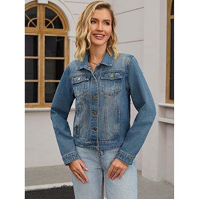 2 Packs Women's Jean Jacket Casual Long Sleeve Washed Button Up Denim Jackets