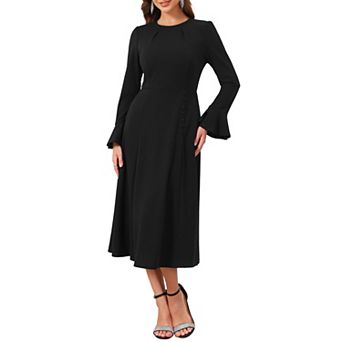 Women's Church Dresses Formal Bell Sleeve Crew Neck Knee Length A-Line Dress with Pockets