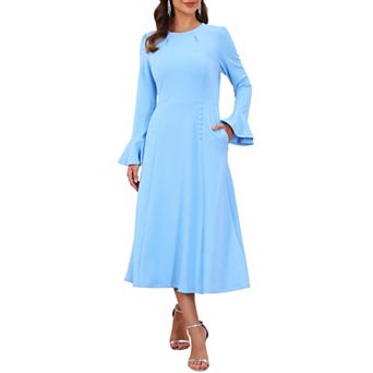 Women's Church Dresses Formal Bell Sleeve Crew Neck Knee Length A-Line Dress with Pockets