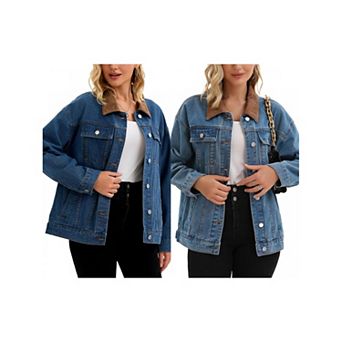 2 Packs Women's Jean Jacket Button Down Corduroy Collar Long Sleeve Western Shacket Denim Jackets