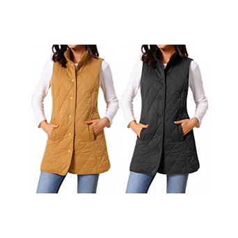 2 Packs Women's Stand Collar Sleeveless Button Front Lightweight Quilted Longline Vest Jackets