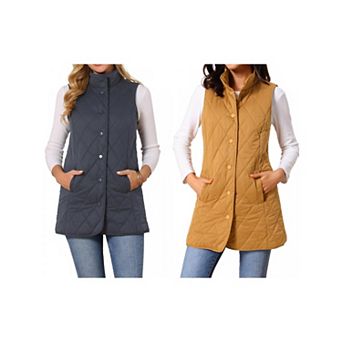 2 Packs Women's Stand Collar Sleeveless Button Front Lightweight Quilted Longline Vest Jackets