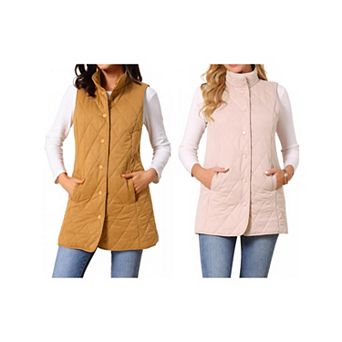2 Packs Women's Stand Collar Sleeveless Button Front Lightweight Quilted Longline Vest Jackets