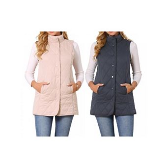 2 Packs Women's Stand Collar Sleeveless Button Front Lightweight Quilted Longline Vest Jackets