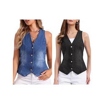 2 Packs V Neck Denim Vest for Women's Sleeveless Button Down Jean Waistcoat Fashion Casual Jacket