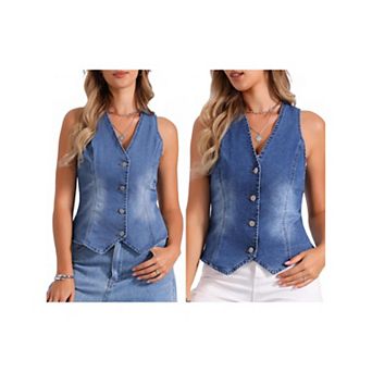 2 Packs V Neck Denim Vest for Women's Sleeveless Button Down Jean Waistcoat Fashion Casual Jacket