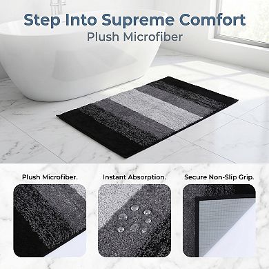 Ultra Soft Absorbent Plush Bath Mat Non Slip Machine Washable Quick Dry Luxury Striped Shower Rug