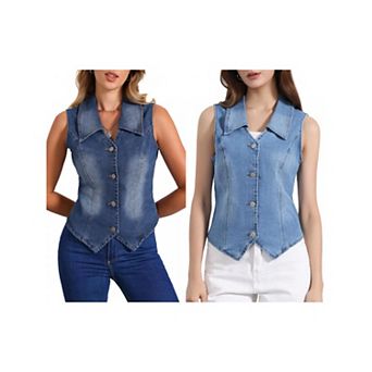 2 Packs Women's Denim Vest Sleeveless Collared V Neck Button Down Waistcoat Corset Bustier Jacket
