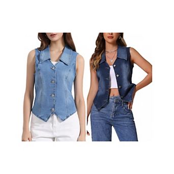 2 Packs Women's Denim Vest Sleeveless Collared V Neck Button Down Waistcoat Corset Bustier Jacket
