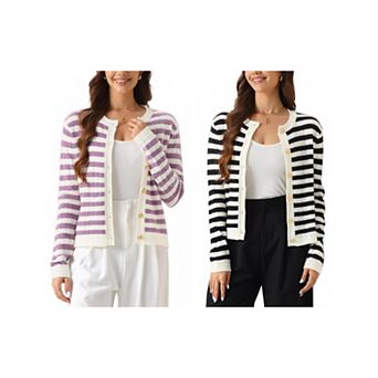 2 Packs Women's Knit Cardigan Sweaters Striped Open Front Button Up Cardigans Casual Lady Jackets
