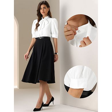 2 Packs Work Bodysuit Tops for Women's Tie Neck Button Down Short Sleeve Blouse