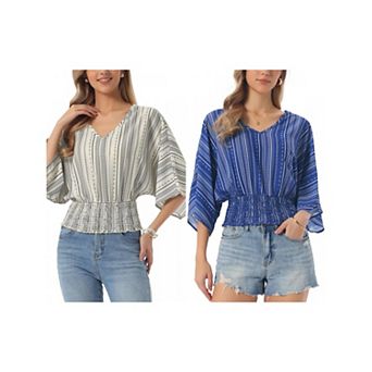 2 Packs Women's Tops Summer V Neck Boho Print Chiffon Cinched Waist Batwing Dolman Sleeve Blouses