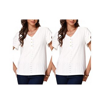 2 Packs Summer Tops for Women's Short Tulip Sleeve Button Front V Neck Eyelet Loose Fit Top