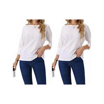 2 Packs Women's Batwing 3/4 Sleeve Tops Summer Casual Eyelet Blouse Crewneck Tunic T-Shirts