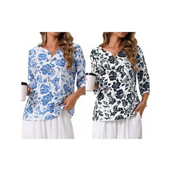 2 Packs Women's 3/4 Sleeve Tops Dressy Casual V Neck Boho Floral Button Decor Summer Blouse Shirts