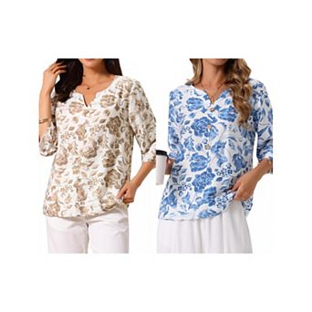 2 Packs Women's 3/4 Sleeve Tops Dressy Casual V Neck Boho Floral Button Decor Summer Blouse Shirts