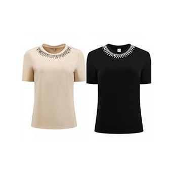 2 Packs Women's Sparkly Blouse Cocktails Elegant Rhinestone Tops